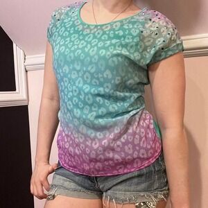 y2k justice teal & purple cheetah print rhinestone top small